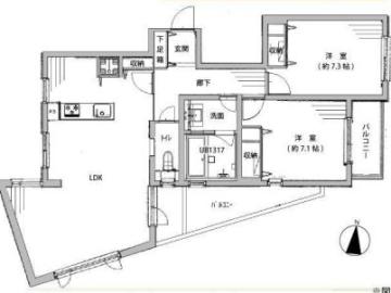 間取／間取り：２LDK　専有面積：80.81㎡　バルコニー面積：3.48㎡